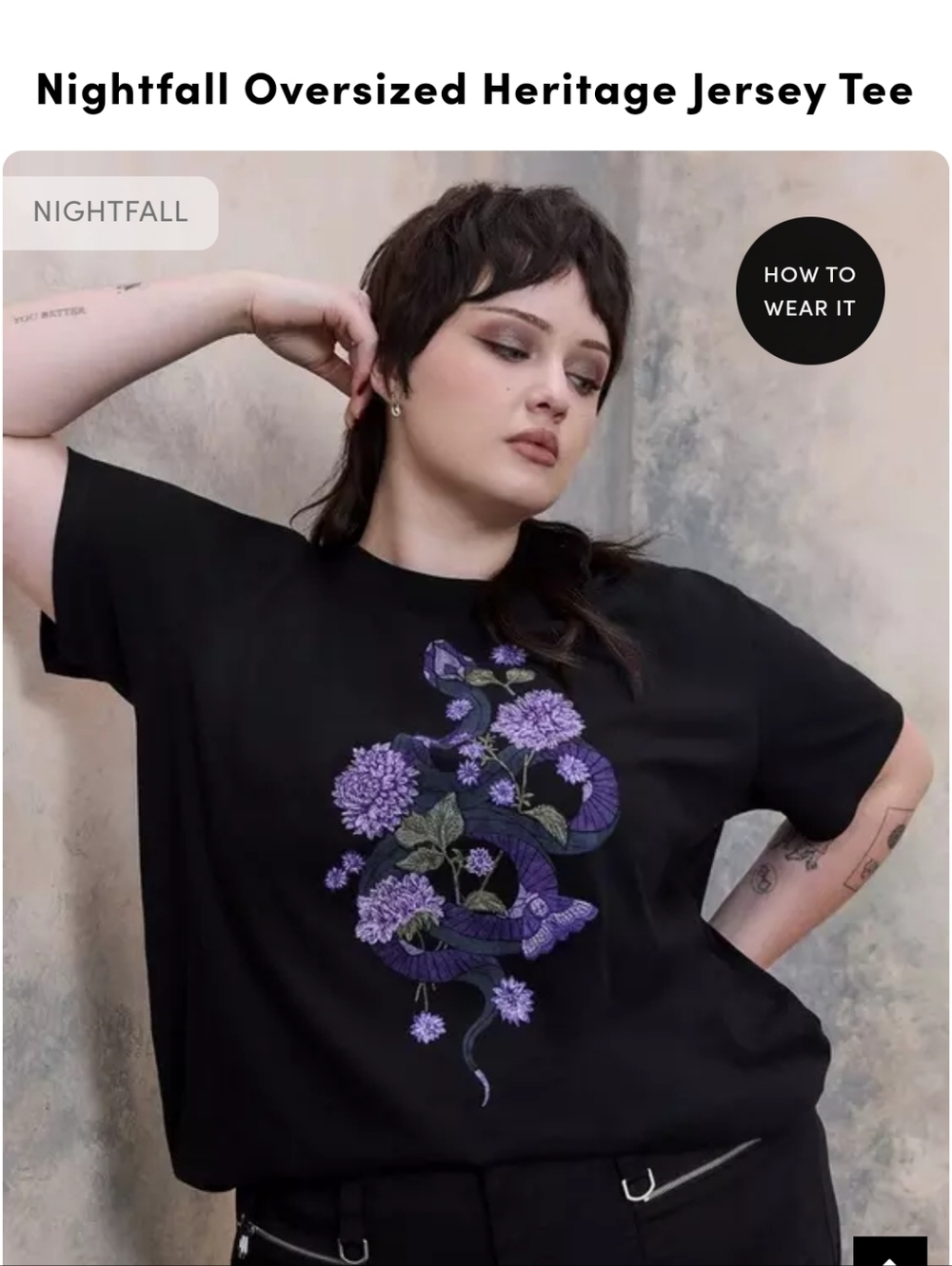 torrid Black Tee with Purple Floral Snake Graphic